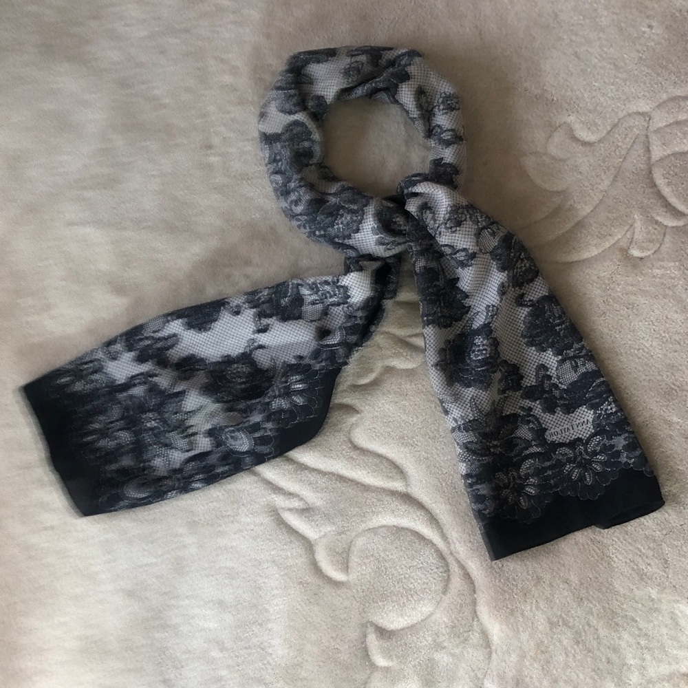 Ann Taylor 100% Silk Black & Silver Panel Scarf (54” x 12 1/2”)